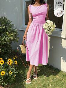 SHEIN EZwear Vestido sin mangas con cinturón y rayas en rosa para mujeres - Rosa - Ver 4
