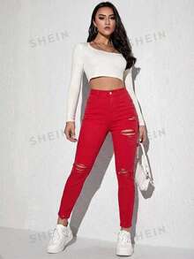 Jeanoix Women's Button Distressed Casual Grunge Versatile Daily Wear Denim Jeans Red Ripped Jeans Music Summer - Red - View 3