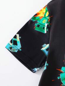 Set Piyama Ketat Lengan Pendek Leher Bulat Motif Huruf & Kartun untuk Anak Laki-Laki Musim Semi/Panas - Hitam - View 6