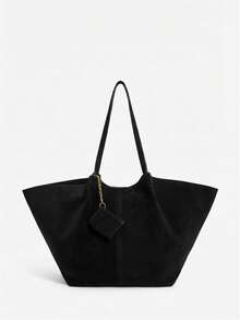 SHEIN Maija 女士手提包、单肩包、流浪包、麂皮绒包、棕色、时尚、优雅、简约、个性化、百搭、经典、复古、怀旧，适合通勤、办公、约会、日常、购物、下午茶等场合，可作包饰（可放置耳机） - 黑色 - 查看 1