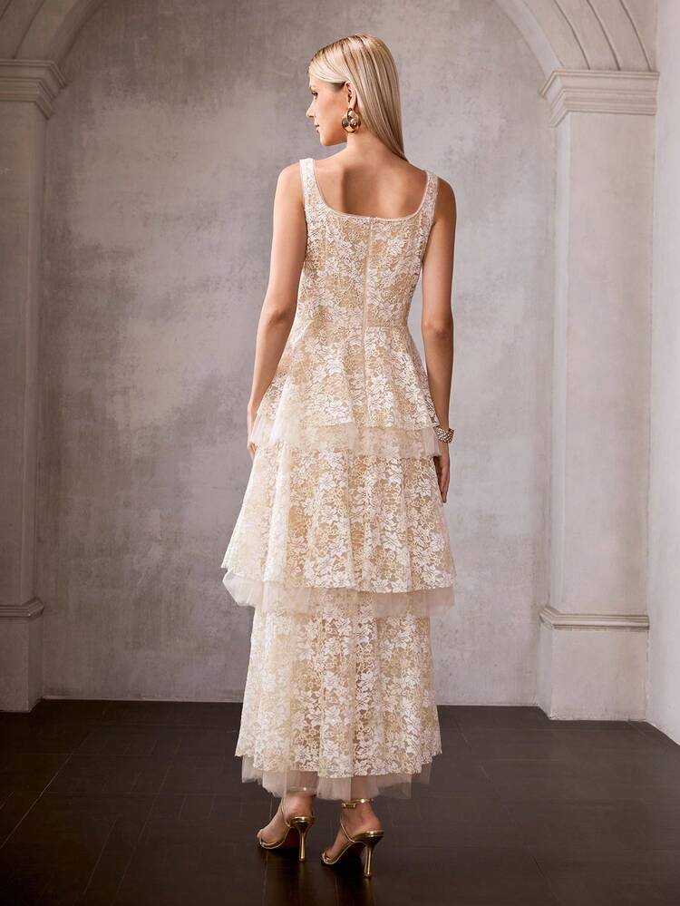 MOTF Soiréza WOMEN'S OCCASION DRESS WITH LAYERED MESH EMBROIDERED FLORAL DESIGN - Apricot - View 3
