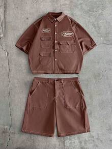 AXEPEAK Men's Summer Casual Flap Pocket Short Sleeve Shirt And Shorts Set - Coffee Brown - View 2
