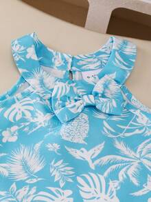 SHEIN 女婴套装 6个月-3岁 2件套 夏季优雅迷人休闲日常宽松套装，无袖荷叶边印花上衣和印花短裤 - 藍色 - 查看 7