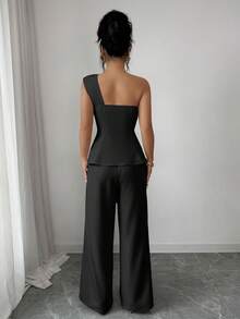 Top de camisola sin mangas con cuello alto con volantes, de línea A, de seda suave y satinada, de estilo francés romántico y vintage, elegante para la oficina, los negocios, la playa, el casual, versátil, para primavera/verano - Negro - Ver 2