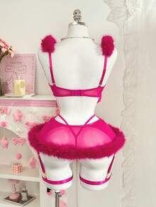 PetitDoll 5pcs Cute Plush Mesh Bow Ribbon Tie Sexy Lingerie Set - Hot Pink - View 2