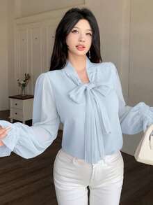 Modelyn 法式优雅缎带装饰长袖衬衫，修身显瘦，秋季粉色 - 藍色 - 查看 2