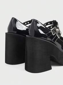 Sugerpunk Giày nữ thời trang đế dày, kiểu dáng punk, màu tối, mũi tròn, cổ thấp, có khóa cài, thích hợp cho mùa xuân và thu - Giày lười nữ thoải mái và đơn giản, thích hợp cho các bữa tiệc. - màu đen - Xem 3