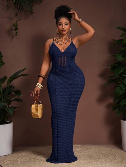 Slaydiva 2026春夏新款波西米亚风度假休闲派对卡其色针织露腰镂空透视吊带裙，大码女式棕色修身长裙针织长裙钩编长裙棕色钩编长裙棕色针织长裙秋冬款