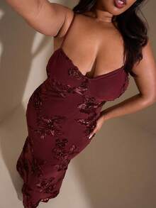 SHEIN BAE Plus Size Women Vintage Elegant Sexy Embroidered Mesh Dress, Autumn/Winter - Burgundy - View 6