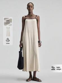 Ontre 2026SS New Linen Blend Dress For Women, Apricot Color Beaded Design Spaghetti Strap Dress With Contrast Stripe, A-Line Silhouette And Back Tie, Suitable For Tea Party, Independence Day, Date, Summer Vacation - Black and White - View 4