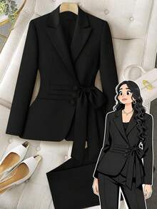 GlowEve CURVE Bộ vest blazer và quần âu cổ tròn viền bèo nhún phong cách tối giản dành cho người đi làm cỡ lớn, mùa thu - màu đen - Xem 1