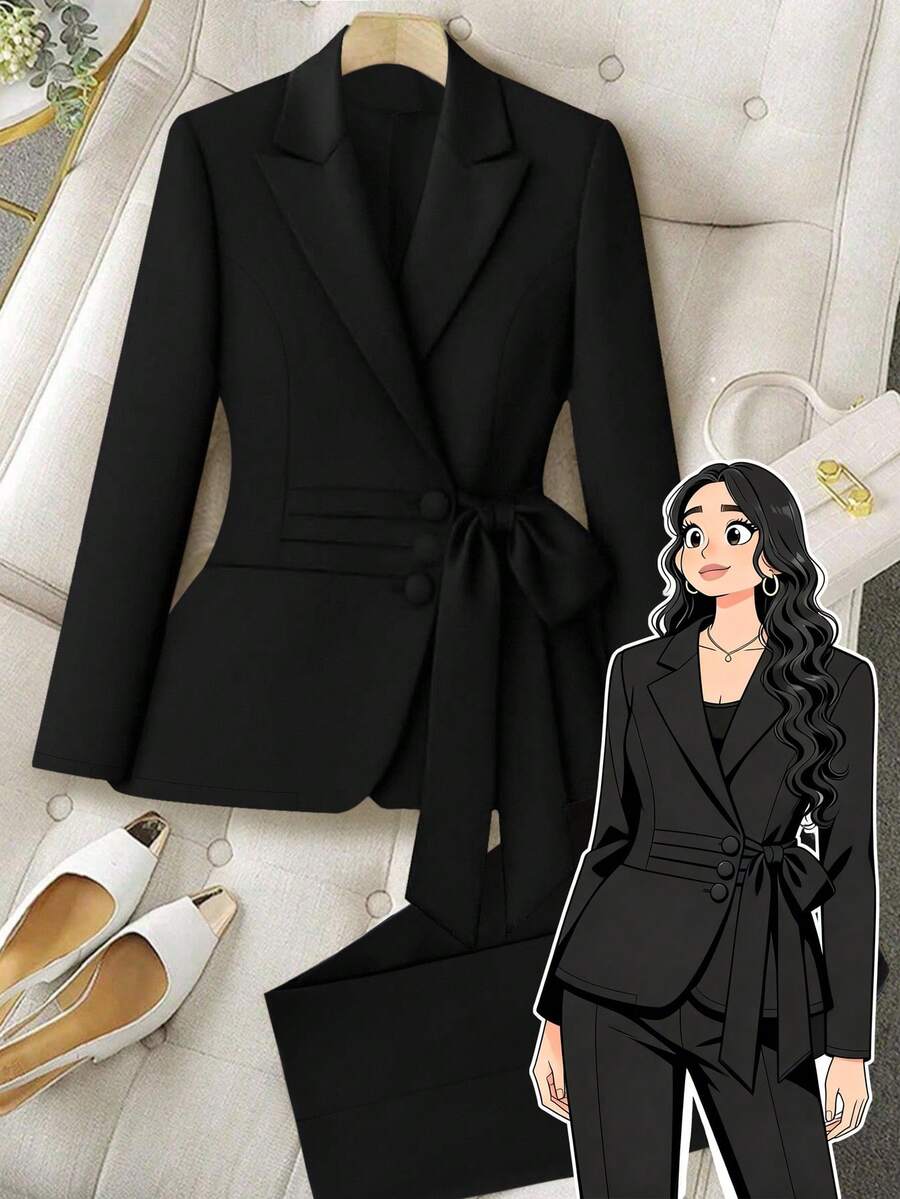 GlowEve CURVE Bộ vest blazer và quần âu cổ tròn viền bèo nhún phong cách tối giản dành cho người đi làm cỡ lớn, mùa thu - màu đen - Xem 1