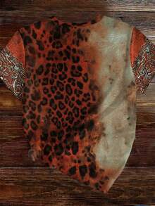 EMERY ROSE Tricou Plus Size Western Turquoise Heart Print Leopard, Tricou Grafic Drăguț Cowgirl, Top Retro Country Concert, Bluză Vintage Casual de Vară, Cadou de Ziua Mamei, Haine pentru Femei cu Forme, Îmbrăcăminte Boho Chic pentru Femei, Tricou Leopard cu Imprimeu de Grădină Zoologică - Multicolor - Vizualizare 2