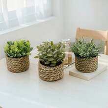 1PC 3PCS Artificial Woven Rattan Potted Plant - PE Polyester Fiber Desktop Party Kitchen Garden Decor Christmas Holiday Gift - Green - View 9