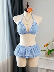 Swim Mod Plus Size Women's Sweet & Cute Minimalist Beach Holiday Blue & White Striped Textured Fabric Ruffle Halter Tie Bow Decor Tankini Swimwear Set - Blue and White - View 7