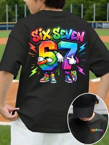SHEIN T-shirt court de base confortable avec imprimé graphique minimaliste rafraîchissant de style dessin animé numéro 67, pour garçons pré-adolescents. Convient pour les tenues décontractées du printemps, de l'été et de l'automne - Noir - Voir 4
