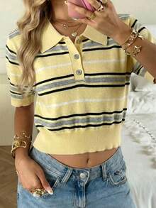 SHEIN EZwear 女士条纹纽扣半开襟短袖针织上衣 - 鵝黃色 - 查看 7