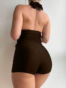 Bộ đồ bơi nữ kiểu dáng nghỉ mát, gồm áo tankini buộc dây cổ nhún bèo và quần short. - màu nâu - Xem 2