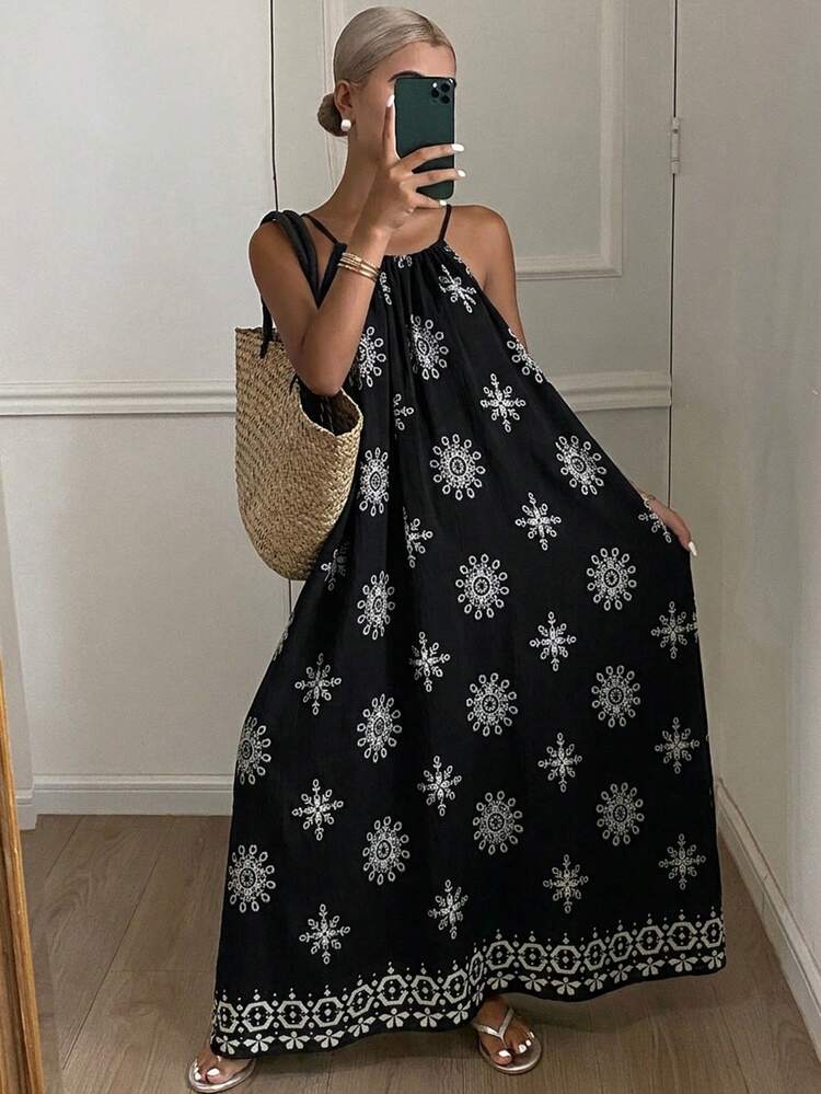 Vacation Style Floral Print Sleeveless Loose Mid-Length Dress For Women