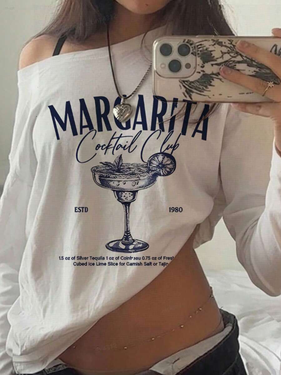 SHEIN EZwear 女士宽松不对称肩部荷叶边下摆长袖T恤,饰有复古鸡尾酒图案印花 - 复古Y2K朋克哥特街头风上衣,适合所有季节,返校季、嘻哈风、休闲度假、甜美少女风、清爽少女风、西部音乐节、甜蜜约会和下午茶穿搭,夏季必备。 - 白色 - 查看 1