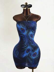 Mistrie Sexy Hot Girl Style Peacock Feather Print Strapless Bodycon Mini Dress For Women - Multicolor - View 6