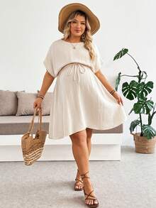 Plussiva Plus Size Pregnant Women's Solid Color Round Neck Batwing Sleeve Casual Soft Form Sexy Dress Maternity Photoshoot Summer Babyshower Pink - Apricot - View 1
