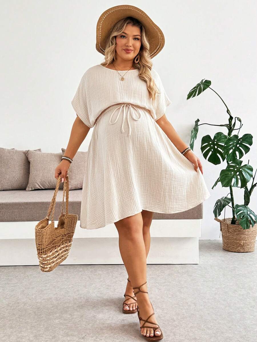 Plussiva Plus Size Pregnant Women's Solid Color Round Neck Batwing Sleeve Casual Soft Form Sexy Dress Maternity Photoshoot Summer Babyshower Pink - Apricot - View 1