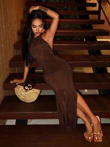 Slaydiva Spring/Summer New Y2K Street Style Sexy Dress - Perfect For Parties, Dinners, Dates, Nightclubs, Nightlife, Travel, Airports, And Vacations. Basic Round Neck Backless Slit Slim Fit Long Dress - A,Summer Dresses For Women - Brown - View 3
