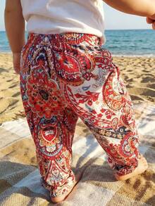 SHEIN Playful Pals Infant Toddler Baby Girl Casual Elastic Waist Jogger Pants, Suitable For Daily Wear, Vacation And Travel Girl Holiday Outfit Toddler Girl Summer Clothes Girls Summer Outfit Girl Outfit Sets Summer Girls Summer Holiday Outfits Baby Girl Trousers Baby Girl Paisley Pants Toddler Trousers - Multicolor - View 2