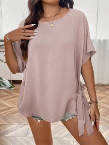 EMERY ROSE Plus Size Women's Solid Color Round Neck Batwing Short Sleeve Side Tie Casual Shirt - Dusty Pink - View 6