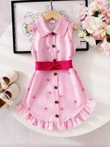 SHEIN Genkimix Kids Đầm sơ mi kiểu phương Tây cho bé gái, có thắt lưng, viền bèo nhún và dây buộc eo, thích hợp cho mùa xuân/hè, kỳ nghỉ, du lịch. - Hồng - Xem 8