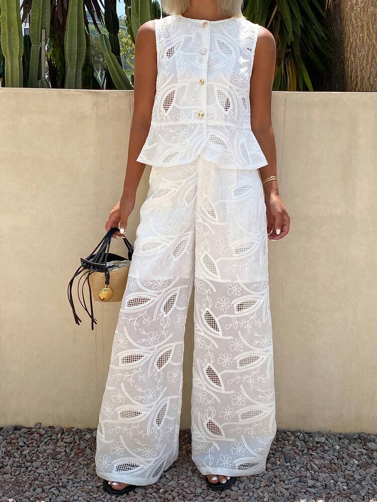 Women's Casual Elegant White Sleeveless Vest And Straight Leg Pants 2 Pieces Set, Spring/Summer
