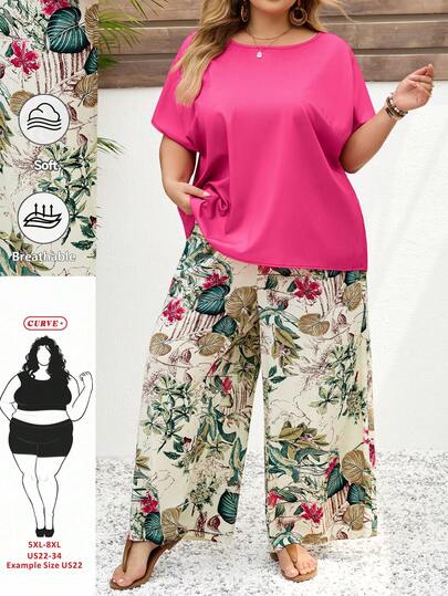 SHEIN CURVE+ 2pcs Plus Size Women Vacation Loose Shirt And Ditsy Floral Pants Set