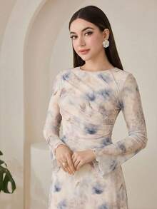 Vestido largo elegante de mujer con cuello redondo, mangas acampanadas y estampado tie-dye - Púrpura malva - Ver 4