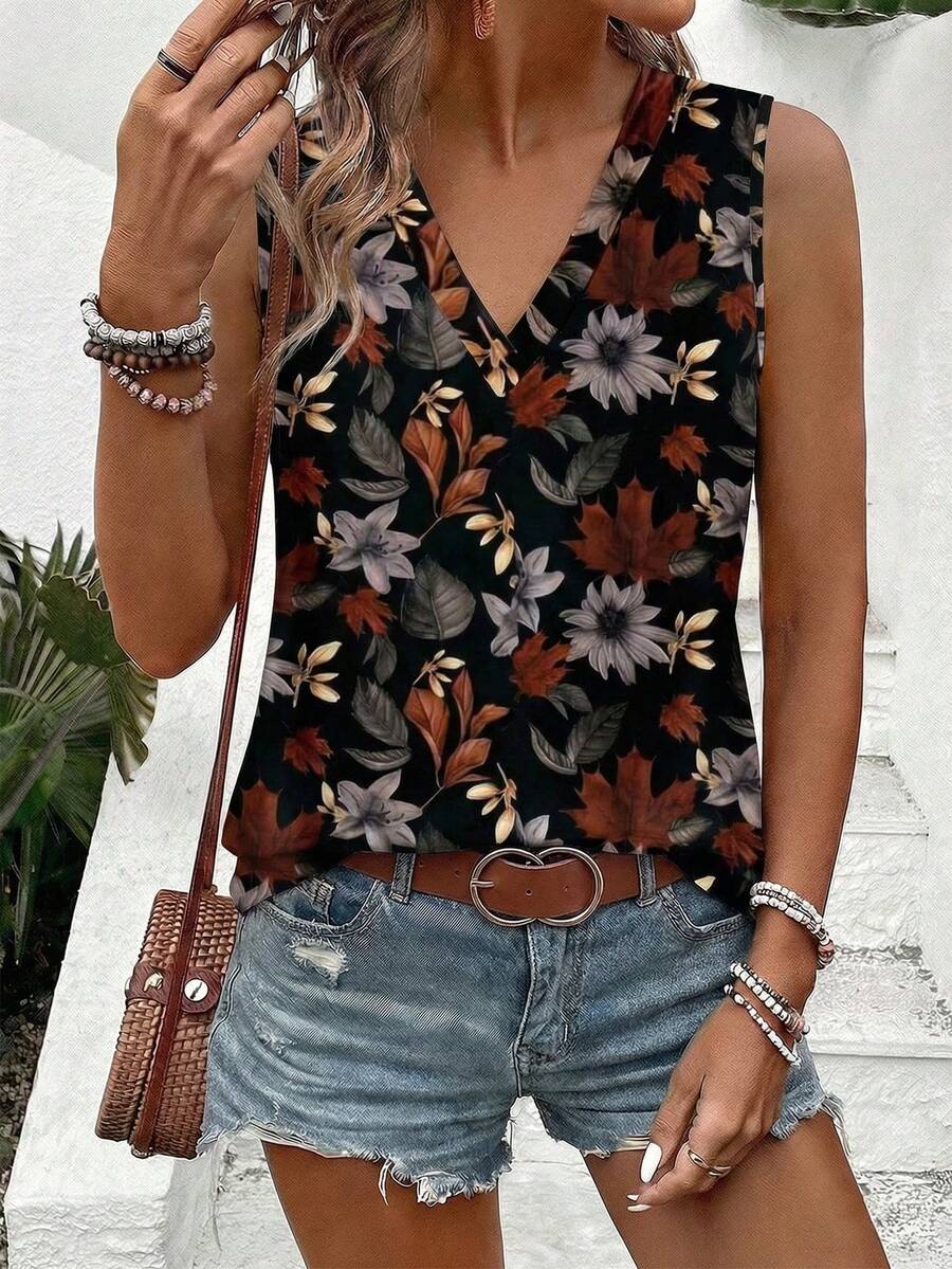 EMERY ROSE Nueva Camiseta de Tirantes con Cuello en V y Estampado Versátil para Mujer - Multicolor - Ver 1