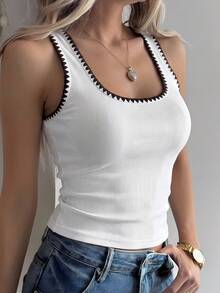 Livesso Damen lässiges ärmelloses Crop Top mit kontrastfarbener Ziersteppung, geeignet für Straße, Musikfestival, Urlaub, Frühling/Sommer - Weiss - Übersicht 7