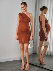 Momance Đầm bầu thời trang dành cho bà bầu, kiểu dáng bất đối xứng, đính ngọc trai giả, thanh lịch. - Cà phê - Xem 7