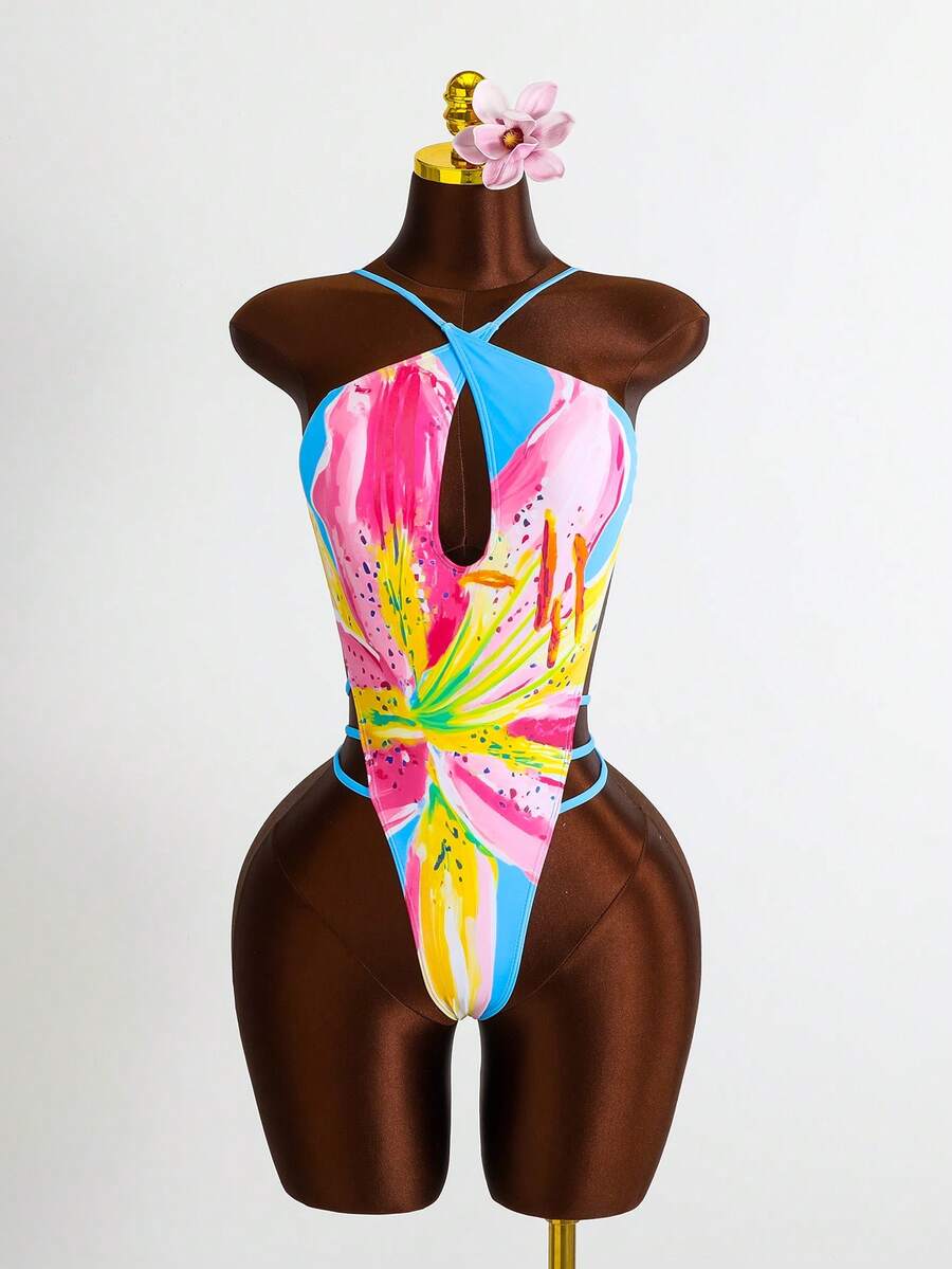Zestiva Áo tắm liền thân gợi cảm dành cho nữ, họa tiết hoa, cổ chữ V khoét sâu, quần bikini buộc dây cổ, kiểu dáng thời trang thường ngày cho kỳ nghỉ biển. - Nhiều màu - Xem 1