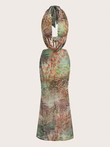 Opulessa 春夏度假针织印花露背吊带连衣裙 - 綠色 - 查看 3