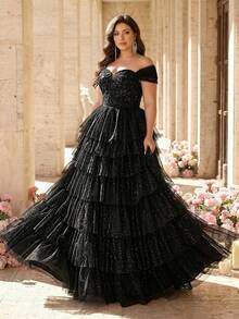 Aureia Váy maxi xòe cỡ lớn, sang trọng, thanh lịch với ren thêu, đường may xương cá, đính sequin và lưới, xẻ tà, thích hợp cho đám cưới, sự kiện, tiệc tùng, kỳ nghỉ, dạ hội (đính kèm nhiều chi tiết trang trí). - màu đen - Xem 7