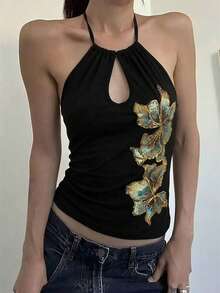 Rina Fox 女士花卉刺绣镂空露背性感上衣 - 黑色 - 查看 1
