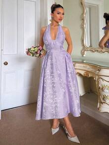 Glamine Charm Vintage 3D Embossed Floral V-Neck Sleeveless Flared Dress For Women - Mauve Purple - View 4