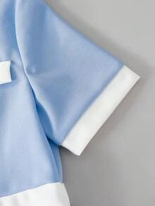 Tween Girl Retro Chic Color Block Short Sleeve Dress,High Waist Snug Fit Gold Button Accent Light Blue And White Summer Elegant Party Back-To-School - Blue - View 5