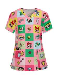 PopScrub THE POWERPUFF GIRLS X SHEIN 女士亮丽格子印花工作服上衣，舒适亲肤V领，带双口袋，制服款 - 彩色 - 查看 10