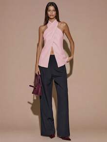 Blusa elegante de color café sólido con cuello halter sin espalda para mujer, top elegante, top con estilo de envoltura cruzada, otoño/invierno - Rosa vieja - Ver 3