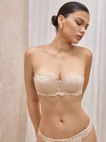 Bralution 1 件女士蕾丝低胸露背文胸，带钢圈，聚拢提升，适合小胸围，无肩带，可调节肩带设计 - 杏色 - 查看 6