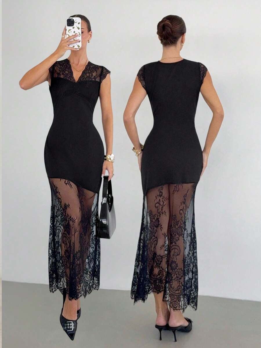 Siren Gaze 女士撞色蕾丝V领短袖修身优雅连衣裙 - 彩色 - 查看 1