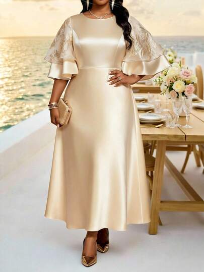 SHEIN Lady Vestido de fiesta elegante de talla grande con patchwork de jacquard, ropa de verano, atuendos de verano, atuendos de vacaciones de verano, atuendos de festival para mujeres, estilo campestre de festival para mujeres, vestido de fiesta elegante, vestido elegante para mujeres, vestido elegante para invitadas de boda, vestido de fiesta para mujeres, atuendos elegantes, vestido de lujo para mujeres, ropa formal, hermosos vestidos para ocasiones especiales, vestido de graduación, ropa de trabajo para mujeres, vestido de dama de honor