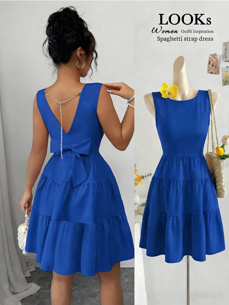 Elenzga Women's Solid Color Back Bow Decor Sleeveless Mini Dress - Royal Blue - View 1