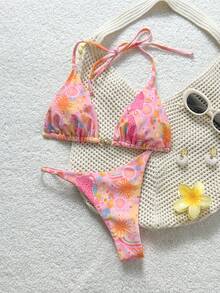 Swim Vcay Bộ bikini gợi cảm buộc dây cổ, in hình mặt người, dành cho nữ, thích hợp mặc đi biển mùa hè. - Nhiều màu - Xem 1